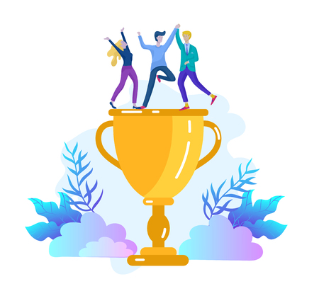 Business Team Success hold Golden winner cup, concept of people are happy with victory. Office Workers Celebrating with Big Trophy, ways goals, first place in business, financial growth. Landing pageのイラスト素材