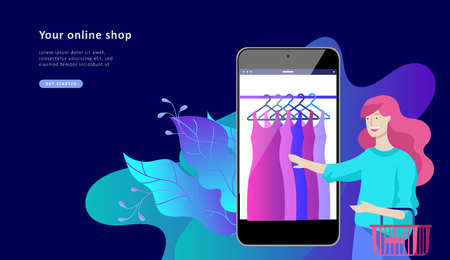 Landing page template of Online Shopping people and mobile payments. Vector illustration pos terminal confirms the payment using a smartphone, Mobile payment, online banking.のイラスト素材
