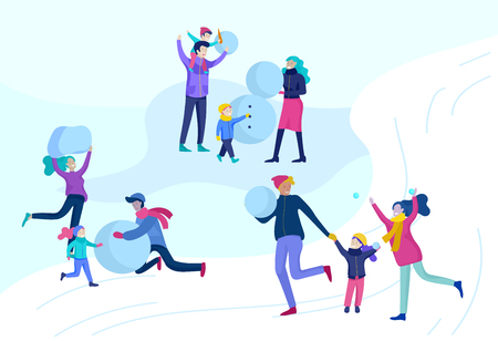 People dressed in winter clothes or outerwear performing outdoor activities fun. Snow festival. Christmas couple and family with kids making snowman, wintertime men and woman relaxing outdoors in parkのイラスト素材