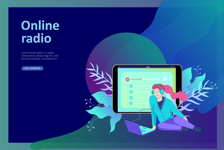 Concept of internet online radio streaming listening, people relax listen dance. Music applications, playlist online songs, radio station. Music blog, sound recording studio. Landing page template.のイラスト素材