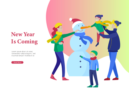 Landing page template greeting card winter Holidays. Merry Christmas and Happy New Year Website. People Characters family makes family snowman in park on snowy landscape backgroundのイラスト素材