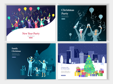 Set of landing page or greeting card templates. A friend or colleagues celebrates Merry Christmas, Happy New Year corporate party, Happy family decorating the Christmas tree with gift on the cityscapeのイラスト素材
