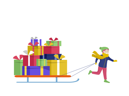 template greeting card winter Holidays. Merry Christmas and Happy New Year Website. Character little girl to drag sleigh with a lot of giftsのイラスト素材