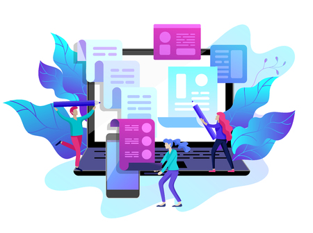 Concept vector illustration of business Blogging, people and education technology. Vector illustration news, copywriting, seminars, tutorial, creative writing, content management for web page, banner presentation, social media documentsのイラスト素材