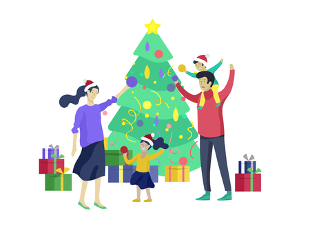 template greeting card winter Holidays. Merry Christmas and Happy New Year Website. People Characters family with present decorating Christmas tree isolated on backgroundのイラスト素材