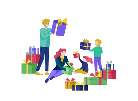 Landing page template greeting card winter Holidays. Merry Christmas and Happy New Year Website. People Characters family give present, unpack gift on background of christmas treeのイラスト素材
