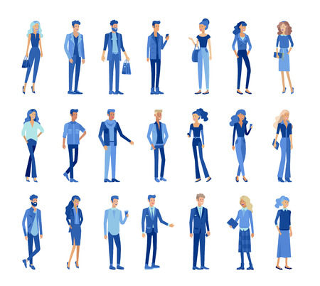 Detailed character business men and women, working people. Business team Lifestyle, stylish clothes style. People with gadgets, backpacks and books, teamwork concept. Flat design people characters.のイラスト素材