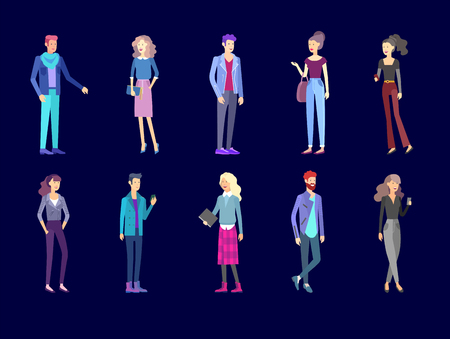 Detailed character students, Lifestyle, couple of young people in street stylish clothes style. Young people with gadgets, backpacks and books. University students.のイラスト素材