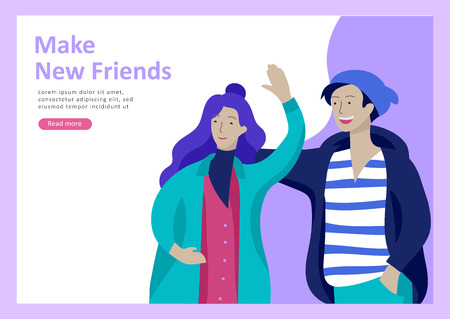 Landing page templates. Vector people happy friends character teenagers with gadgets are walking and chatting, meet new people, chat with old friends and make new. Colorful flat illustrationのイラスト素材