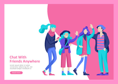 Landing page templates. Vector people happy friends character teenagers with gadgets are walking and chatting, meet new people, chat with old friends and make new. Colorful flat illustrationのイラスト素材