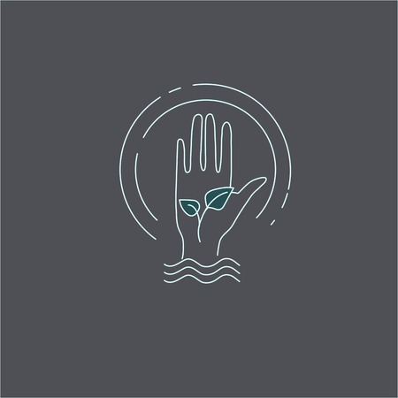 Vector icon and logo with hand for natural cosmetics and care dry skin. Editable outline stroke size. Line flat contour, thin and linear design. Simple icons. Concept illustration. Sign, symbol, element.のイラスト素材