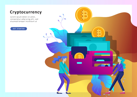 Cryptocurrency and blockchain composition with people, analysts and managers working on crypto start upのイラスト素材