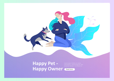Set of Landing Page Templates with Vector Symbol. Happy people with their pets, a cat loves its owners, care and love, a pet shop and a veterinary pharmacy. Animal Day and adoption. Vector illustrationのイラスト素材