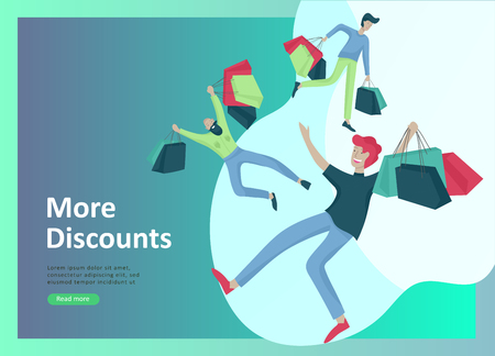 Landing page templates. People running for sale, crazy discounts, end of season, carrying shopping bags with purchases. Madness on seasonal sale at store shop. Cartoon character for black fridayのイラスト素材