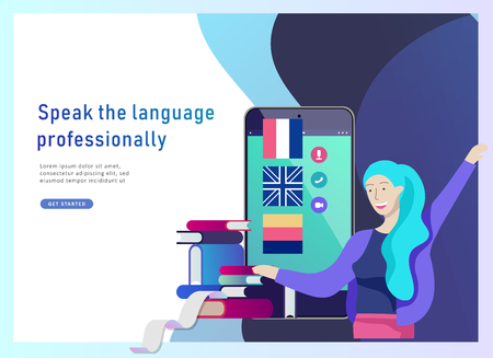 Landing page templates for Online language courses, distance education, training. Language Learning Interface and Teaching Concept. Education Concept, training young people. Internet studentsのイラスト素材