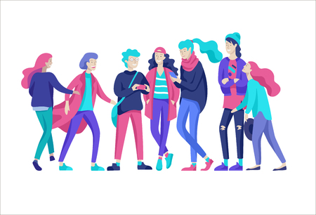 Vector people happy friends character. Group of teenagers in winter or autumn trendy clother, with gadgets are walking and chatting. Colorful flat concept illustration.のイラスト素材