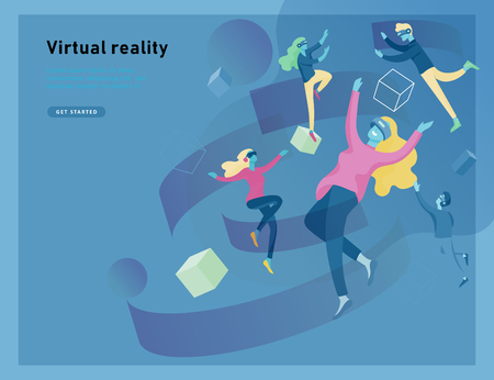 Man and woman wearing virtual reality headset and looking at abstract sphere. Colorful vr world. Virtual augmented reality glasses concept with people learning and entertaining. Landing page templateのイラスト素材
