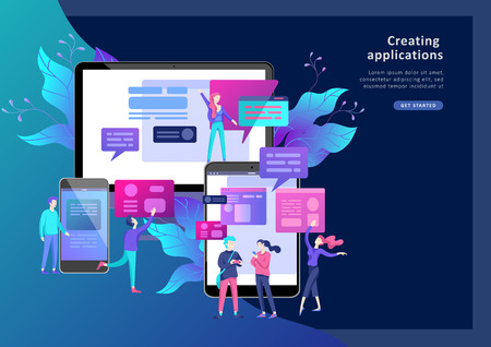 Vector illustration, small people are working on creating a website, applications, transferring information, vector illustration of the concept of web page design and development of mobile websites,のイラスト素材