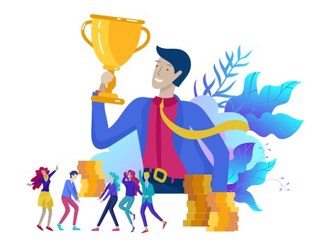 Business Team Success hold Golden winner cup, concept of people are happy with victory. Office Workers Celebrating with Big Trophy, ways goals, first place in business, financial growth. Landing pageのイラスト素材