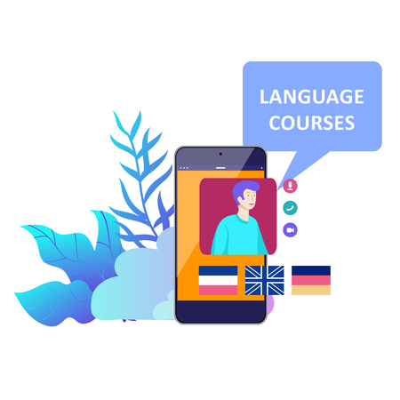 Online language courses, distance education, training. Language Learning Interface and Teaching Concept. Education Concept, training young people. Internet studentsのイラスト素材