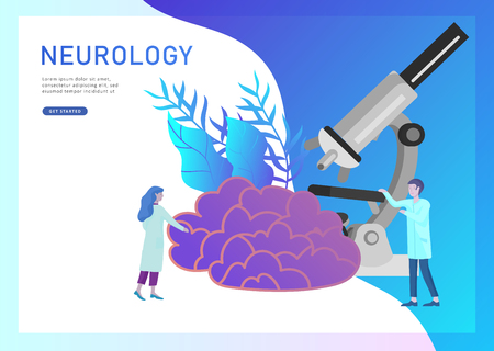 Neurology genetics concept. Flat style little people doctors medical team working, constructing DNA, researching Deoxyribonucleic acid. Brain, Creative mind, learning and design Landing page template.のイラスト素材