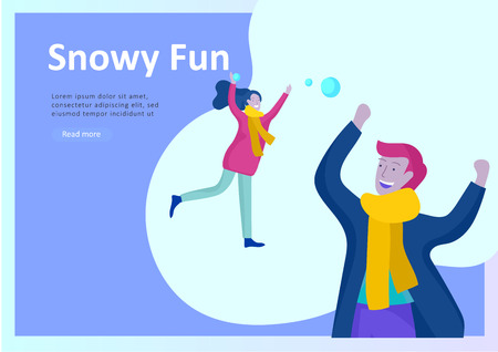 Landing page templates. People dressed in winter clothes or outerwear performing outdoor activities fun. Snow festival, sledding or snowboard. Christmas family ski skating, skiing extreme sportのイラスト素材