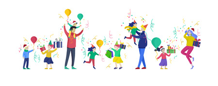 Happy Christmas Day Celebrating together happy. Group of cartoon people in Santa hats and children. Jump and throw gift. Merry Christmas and Happy New Year family character. Illustration, vectorのイラスト素材