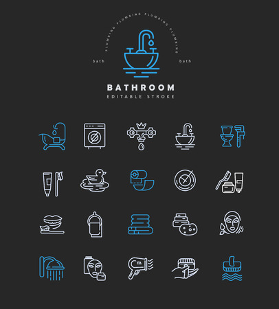 Vector icon and logo of bathroom. Editable outline stroke size. Line flat contour, thin and linear design. Simple icons. Concept illustration. Sign, symbol, element.のイラスト素材