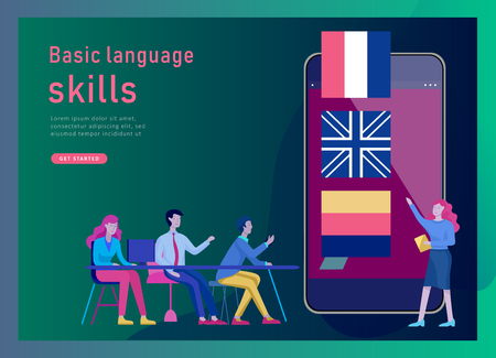 Landing page templates for Online language courses, distance education, training. Language Learning Interface and Teaching Concept. Education Concept, training young people. Internet studentsのイラスト素材