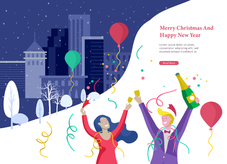 Landing page template or card winter Holidays corporate Party. Merry Christmas and Happy New Year Website with People Characters. Company of young friends or colleagues celebrates on Urban landscapeのイラスト素材