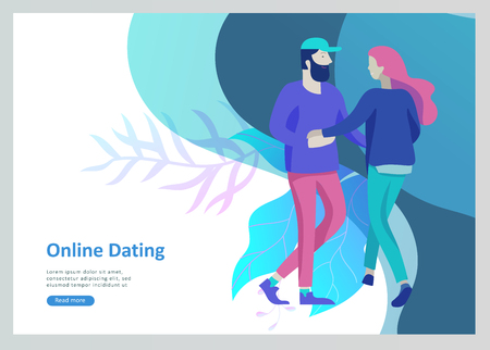 Online dating concept app login page with Funny cartoon characters couple. Modern graphic elements for web banners, web design, printed materials. Flat design vector illustrationのイラスト素材