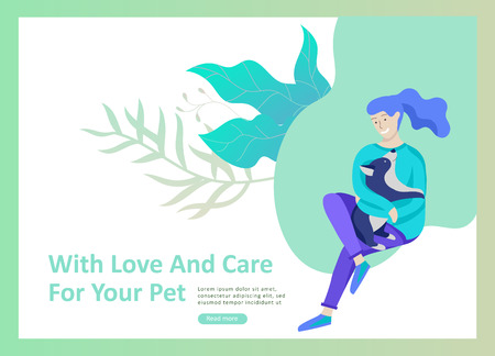 Set of Landing Page Templates with Vector Symbol. Happy people with their pets, a cat loves its owners, care and love, a pet shop and a veterinary pharmacy. Animal Day and adoption. Vector illustrationのイラスト素材