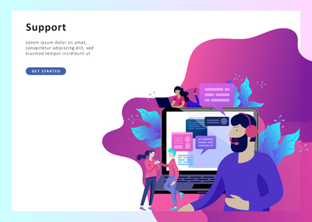 Concept Landing page template customer service, male hotline operator advises client, online global technical support, customer and operatorのイラスト素材