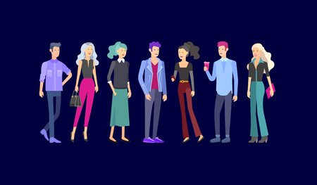 Detailed character students, Lifestyle, couple of young people in street stylish clothes style. Young people with gadgets, backpacks and books. University students.のイラスト素材