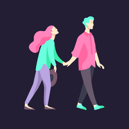 Vector people character walking on the street in autumn or winter clothes, friends and couples. Colorful Group of male and female flat cartoon charactersのイラスト素材