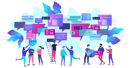 Concept Landing page template, flat style, businessmen discuss social network, news, social networks, chat, dialogue speech bubbles, new projectsのイラスト素材