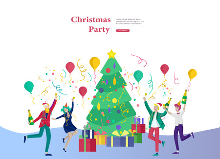 Landing page template or card winter Holidays corporate Party. Merry Christmas and Happy New Year Website with People Characters. Company of young friends or colleagues celebratesのイラスト素材