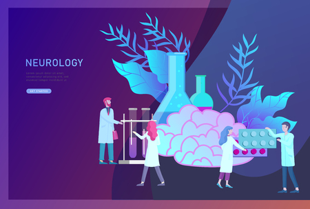 Neurology genetics concept. Flat style little people doctors medical team working, constructing DNA, researching Deoxyribonucleic acid. Brain, Creative mind, learning and design Landing page template.のイラスト素材