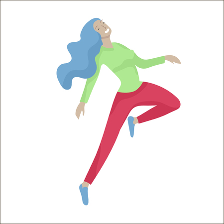 Jumping character in various poses. Happy positive young women rejoicing, happiness, freedom, motion people concept.のイラスト素材