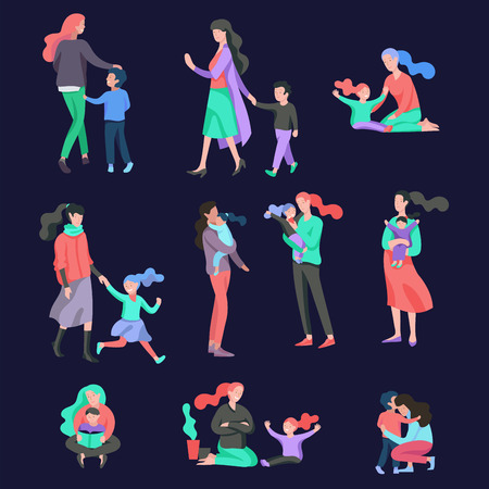 Vector people character. Mother and daughter spending time together, read a book and play, bathe the baby, walk and shopping. Colorful flat concept illustration.のイラスト素材