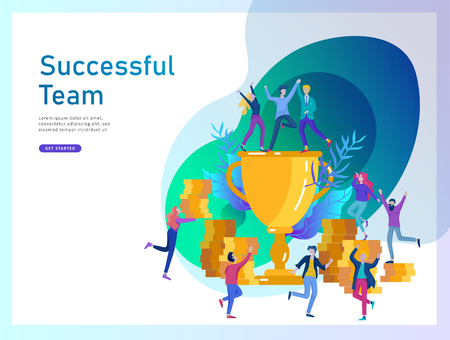 Business Team Success hold Golden winner cup, concept of people are happy with victory. Office Workers Celebrating with Big Trophy, ways goals, first place in business, financial growth. Landing pageのイラスト素材