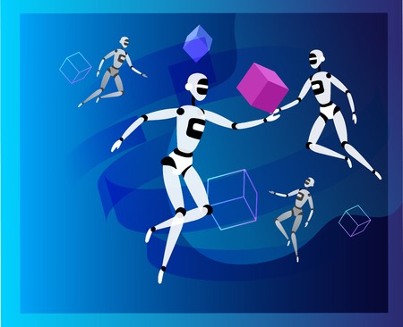 Concept of Artificial Intelligence and Cyber Monday, futuristic cyberpunk design, cyborgs work on surrealistic project, modern nano technology for website and mobile website. Landing page templateのイラスト素材