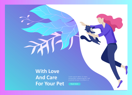 Set of Landing Page Templates with Vector Symbol. Happy people with their pets, a cat loves its owners, care and love, a pet shop and a veterinary pharmacy. Animal Day and adoption. Vector illustrationのイラスト素材