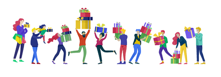 Happy Christmas Day Celebrating together happy. Group of cartoon people in Santa hats and children. Jump and throw gift. Merry Christmas and Happy New Year or birthday party family character. Illustration, vectorのイラスト素材