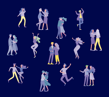 Collection of pairs of dancers. Men and women performing dance at school, studio. Male and female characters. Group of young happy dancing people. Smiling young men and women enjoying dance partyのイラスト素材