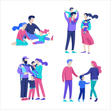 Family spend time together, happy parents with children. Vector people character. Editable outline stroke size. Colorful flat concept illustration.のイラスト素材