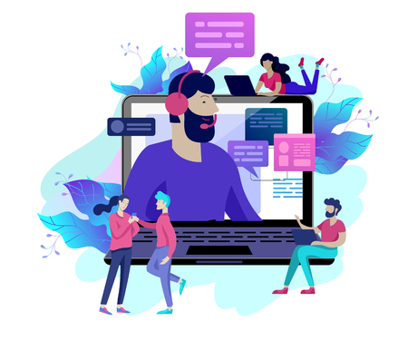 Concept Landing page template customer service, male hotline operator advises client, online global technical support, customer and operatorのイラスト素材