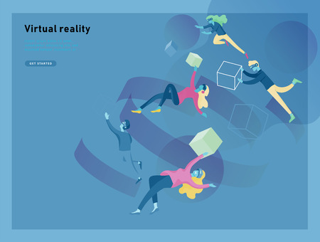 Man and woman wearing virtual reality headset and looking at abstract sphere. Colorful vr world. Virtual augmented reality glasses concept with people learning and entertaining. Landing page templateのイラスト素材