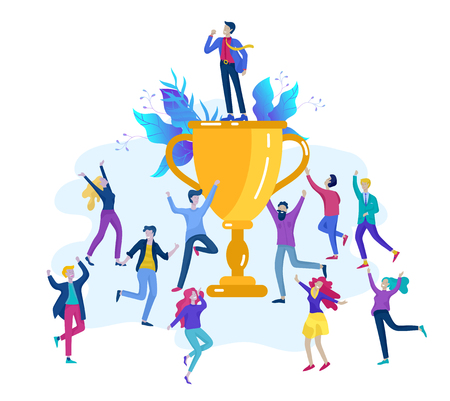 Business Team Success hold Golden winner cup, concept of people are happy with victory. Office Workers Celebrating with Big Trophy, ways goals, first place in business, financial growth. Landing pageのイラスト素材
