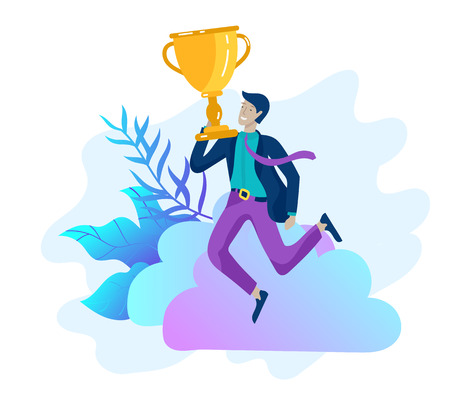 Business Team Success hold Golden winner cup, concept of people are happy with victory. Office Workers Celebrating with Big Trophy, ways goals, first place in business, financial growth. Landing pageのイラスト素材